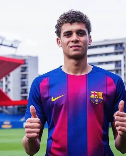 Hamza Abdelkarim celebrates after scoring his second goal for Barcelona against Birmingham City